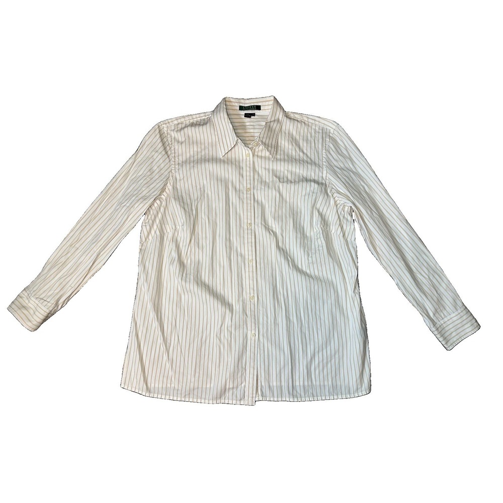 Lauren Ralph Lauren Women's 1X Long Sleeve Button Up Shirt White Beige Striped
